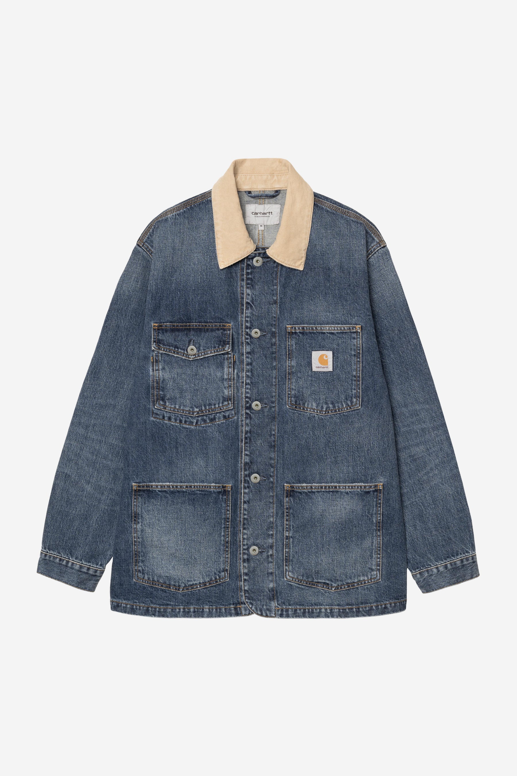 Men's blue brown washed chore coat front view with classic workwear styling