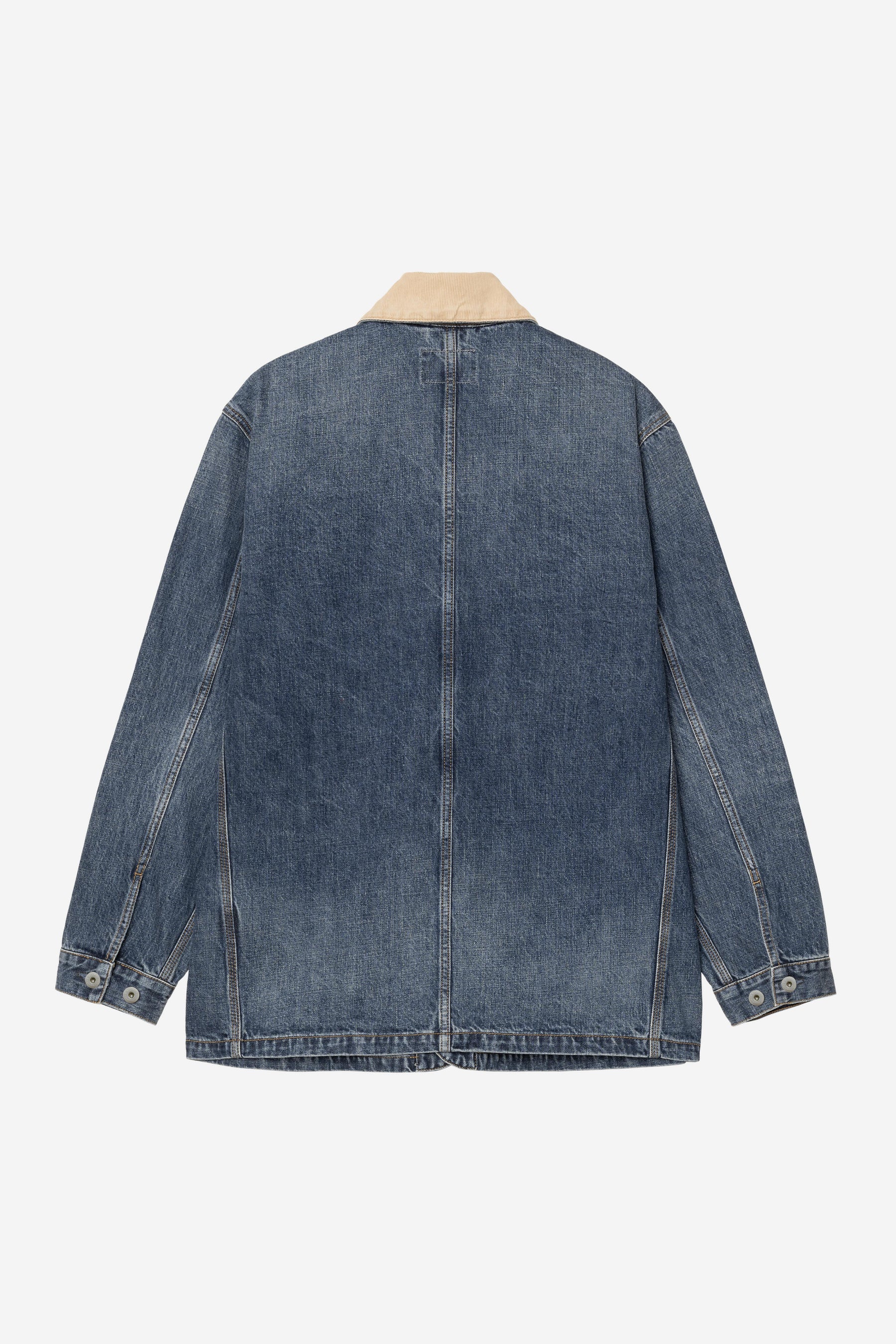 Men's blue brown washed chore jacket back view showing a relaxed workwear fit