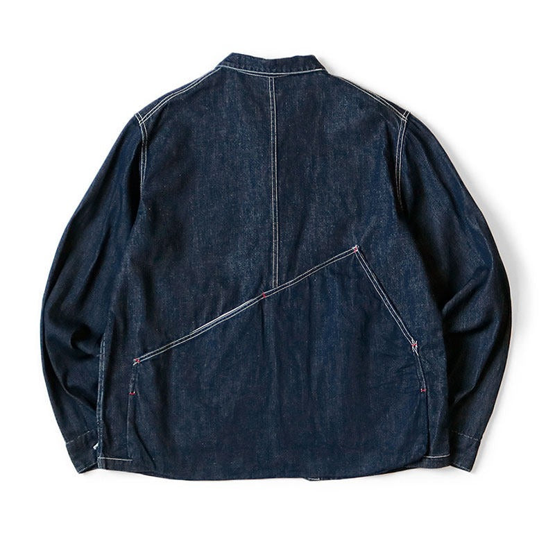 Back view of Japanese indigo denim workwear engineer jacket showing clean yoke and contrast stitch details
