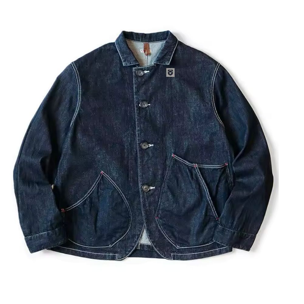 Japanese indigo denim utility chore jacket with curved patch pockets and contrast white stitching front view