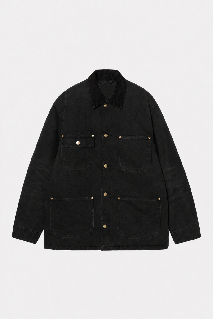 Men's black stone canvas chore coat front view with corduroy collar and utility pockets