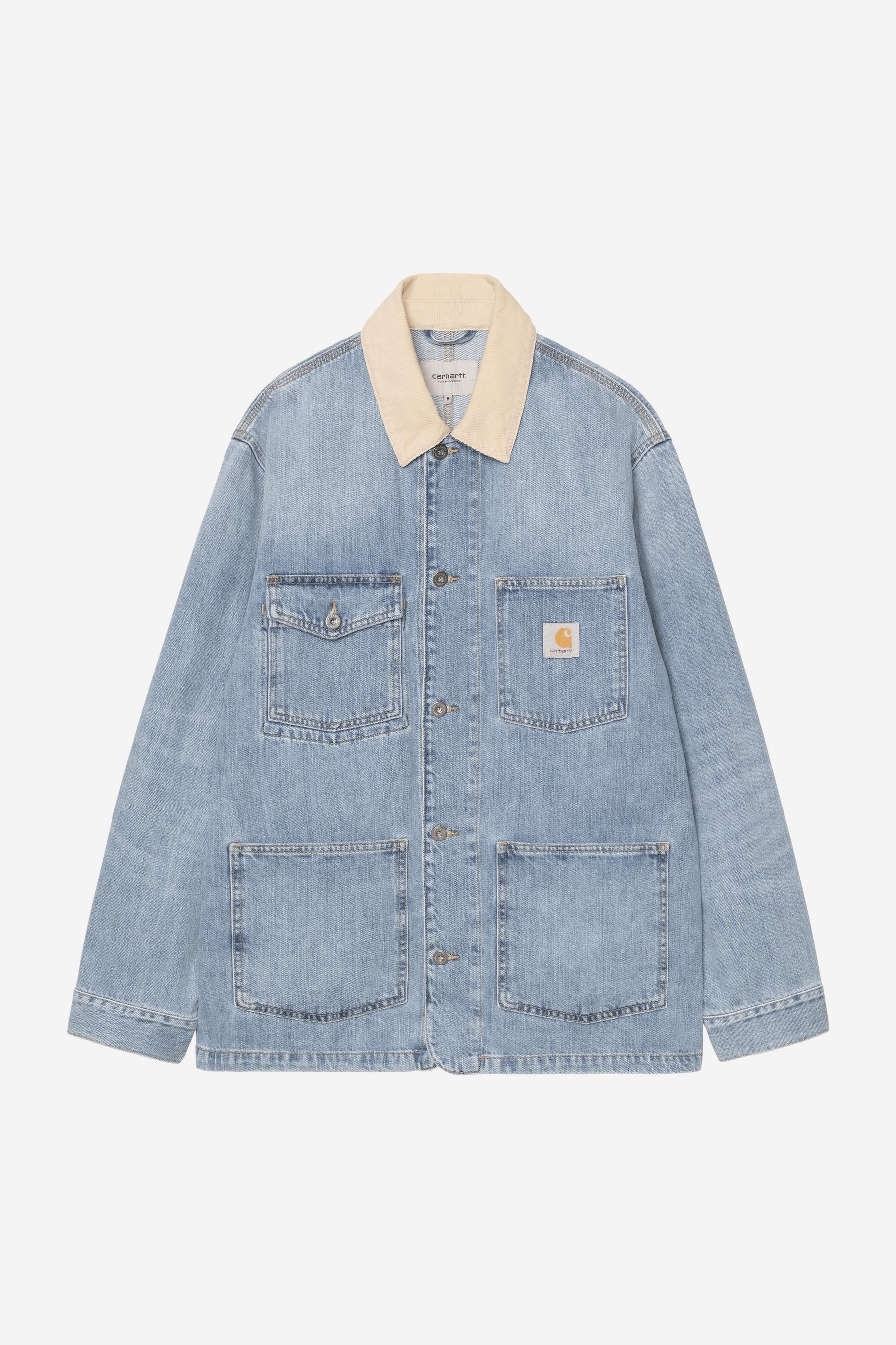 Men's blue and dusty brown burst wash chore coat front view with classic utility styling