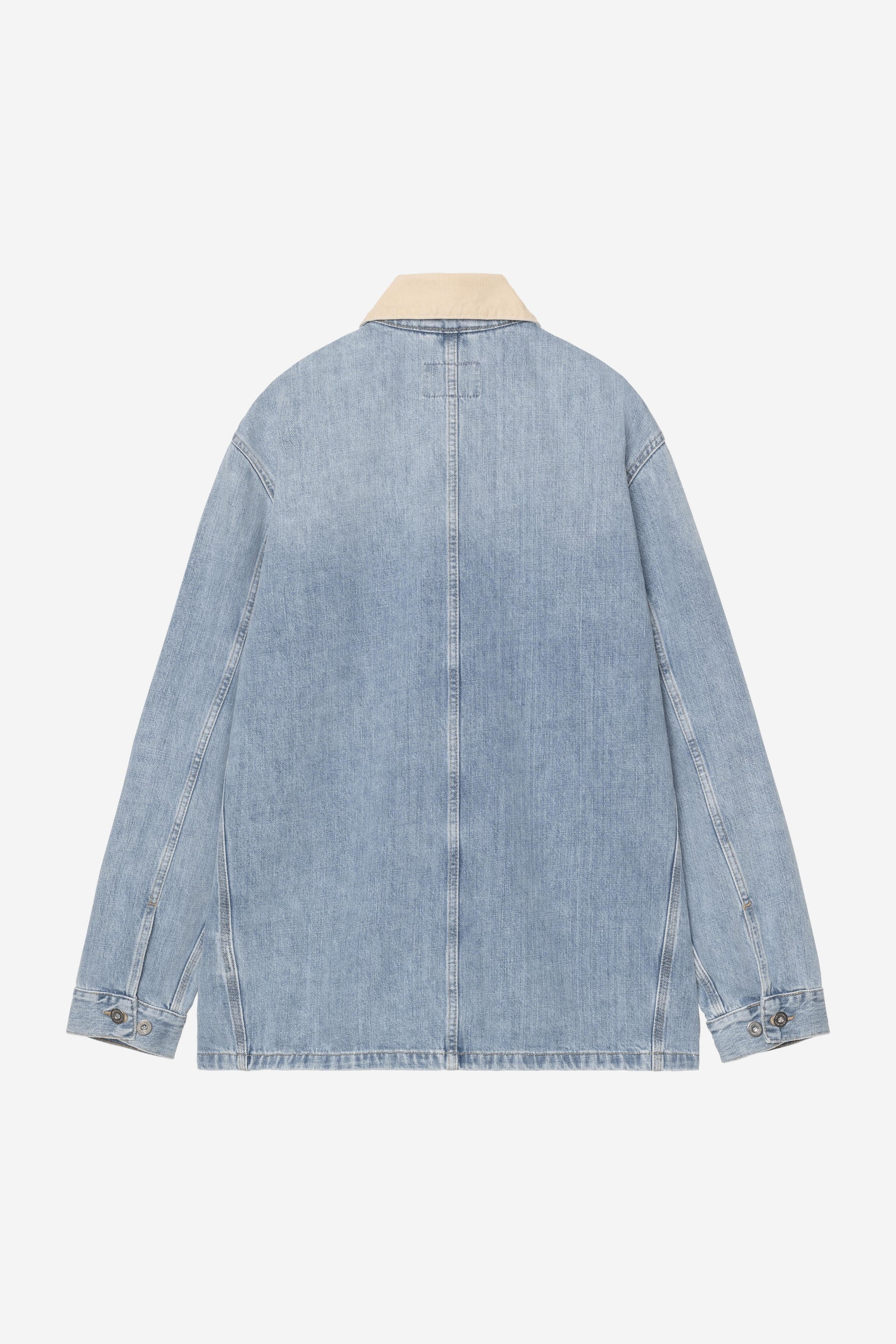Men's blue and dusty brown burst wash chore jacket back view showing a relaxed workwear fit