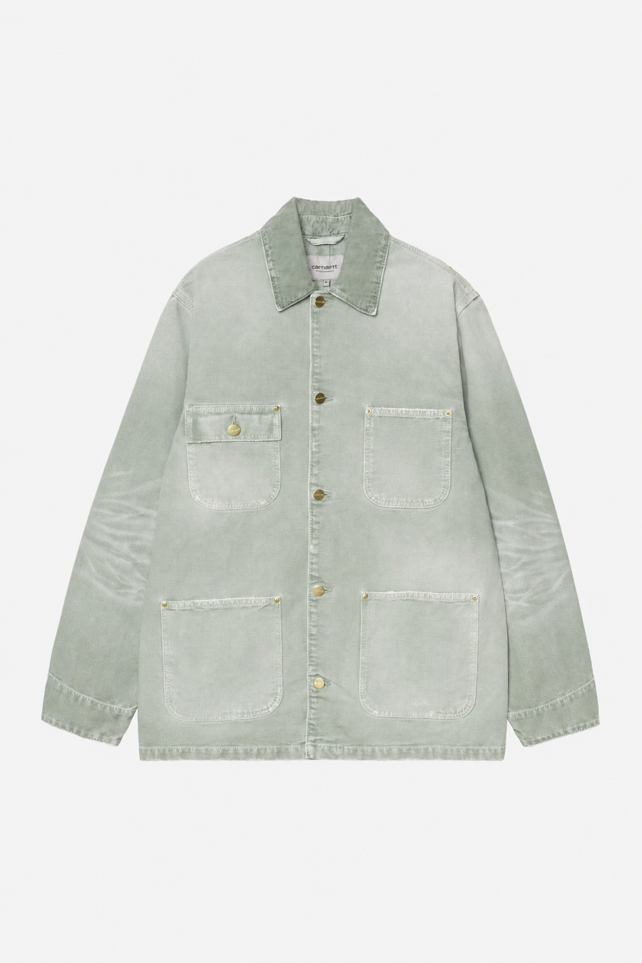 Men's Shady Green destroy wash chore coat front view with classic utility styling