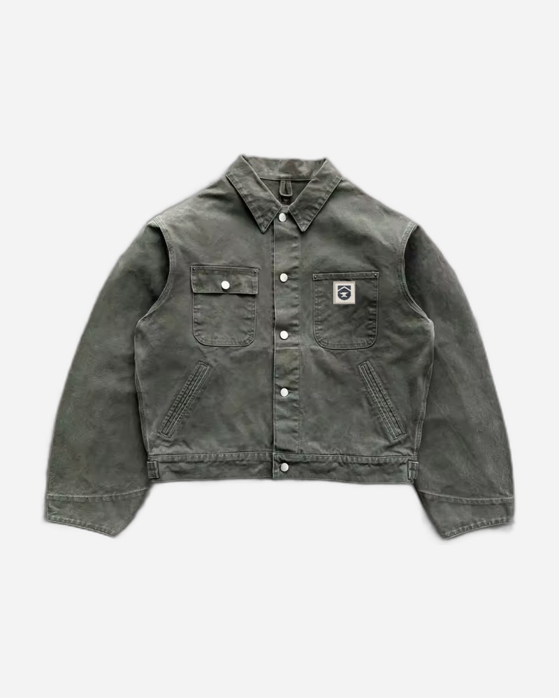 Retro cropped canvas chore jacket in washed olive green boxy fit front view