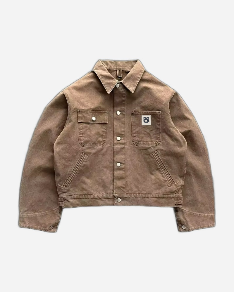 Retro cropped canvas chore jacket in vintage tan brown boxy fit front view