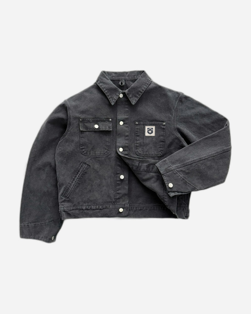 Retro cropped canvas chore jacket with multi utility patch pockets and button front - front view