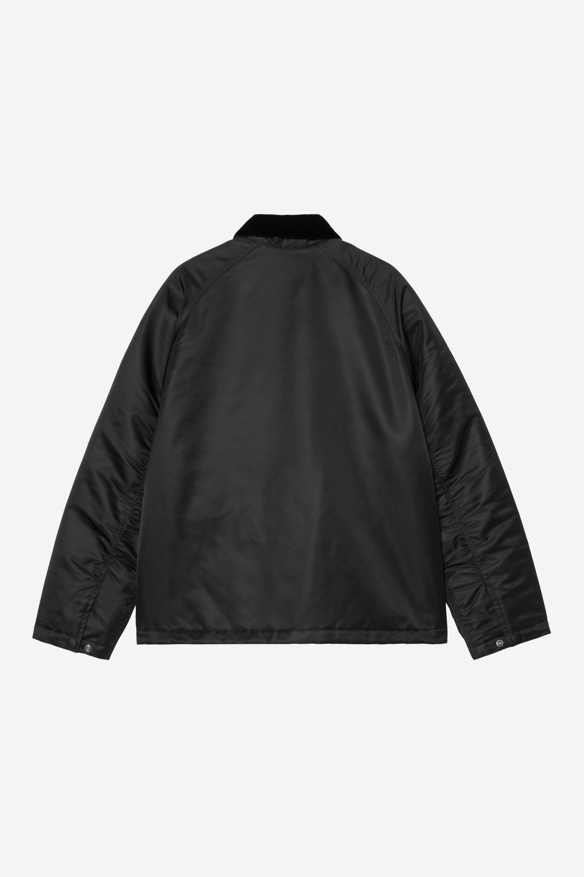 Women's black chore coat back view showing a relaxed workwear silhouette
