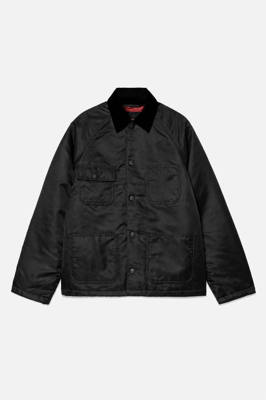 Women's black chore coat front view with classic utility-inspired styling